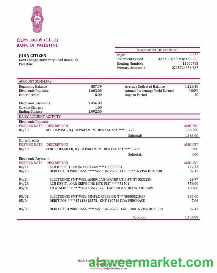 Palestine Bank of Palestine bank statement
